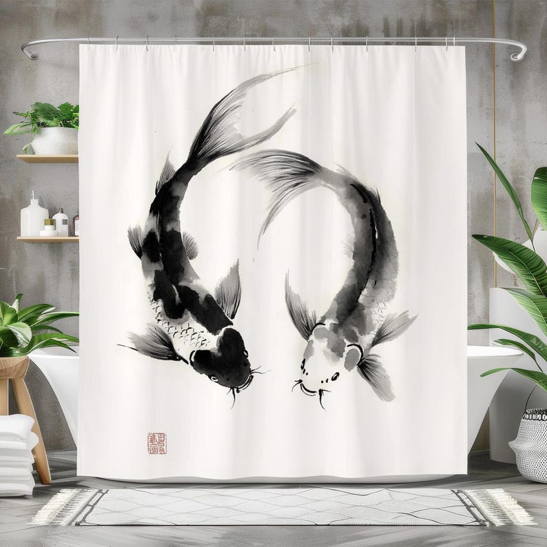 Japanese Home Bathroom Design - Vis douchegordijn, waterdicht stoffen badgordijn, Zen